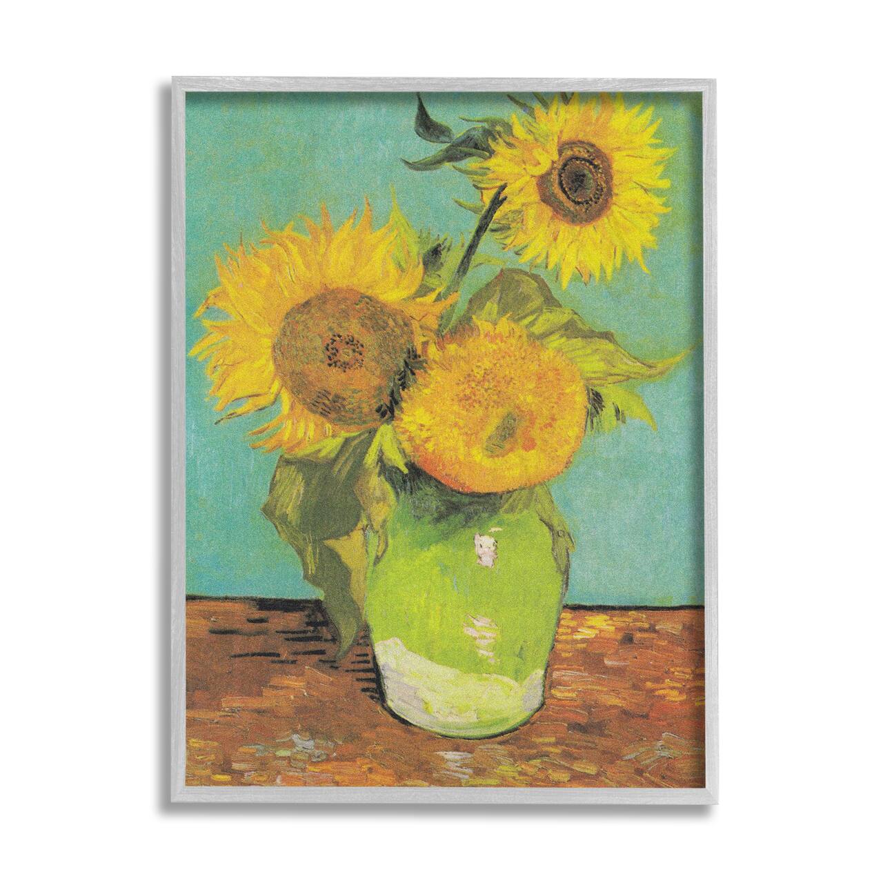 Stupell Industries Traditional Sunflower Painting over Turquoise Van Gogh in Gray Frame Wall Art